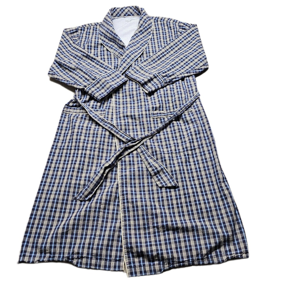 Nautica Robe Womens S/M Blue White Plaid Long Sleeve Shawl Collar Tie Waist